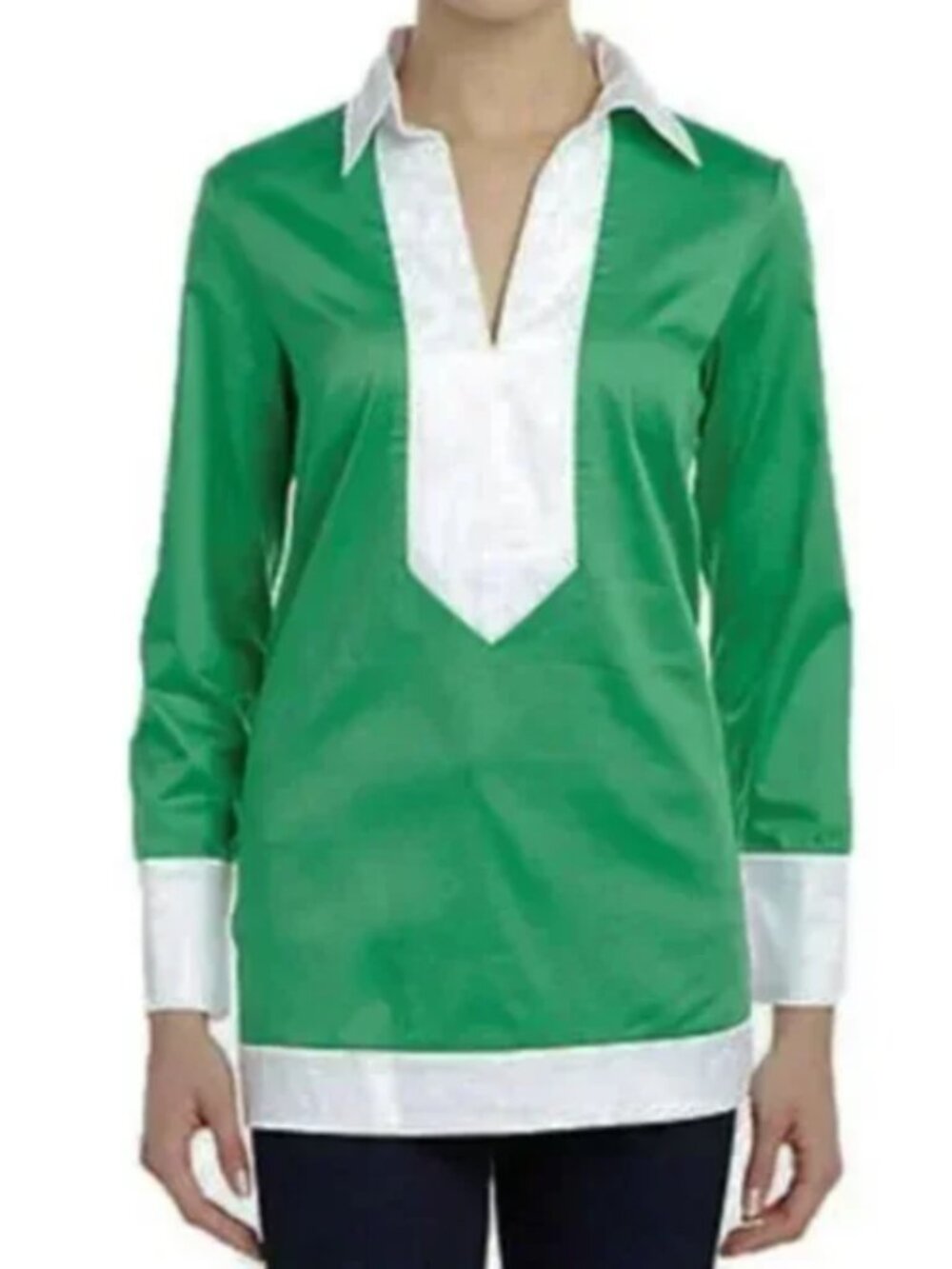 ELIZABETH MCKAY Mackenzie Tunic Top 70s  Collar Preppy Kelly Green Long Sleeve